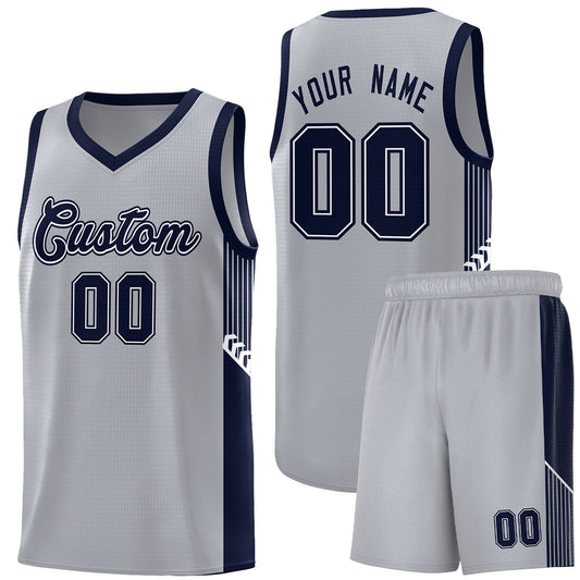 Custom Gray Navy-White Side Stripe Fashion Sports Uniform Basketball Jersey