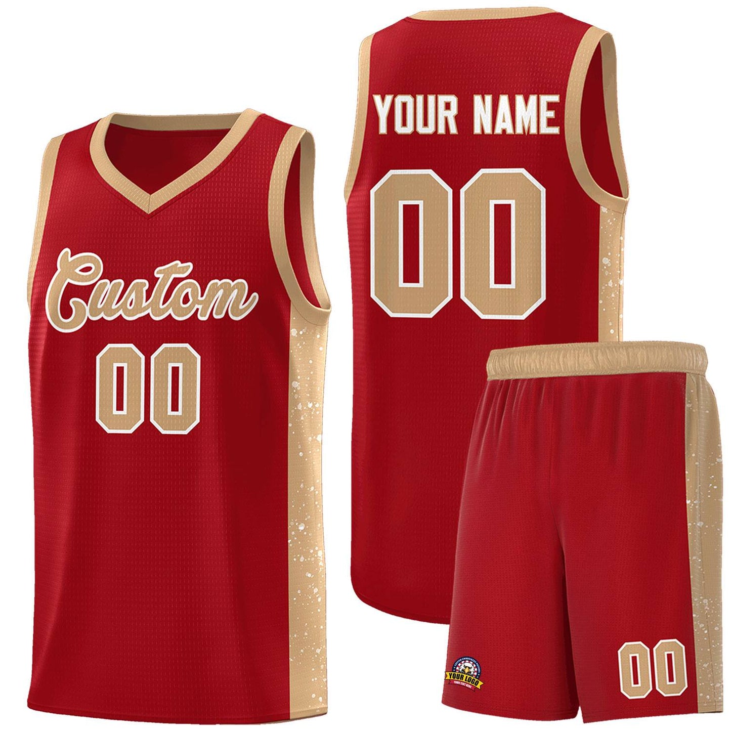 Custom Red Old Gold-White Side Splash Sports Uniform Basketball Jersey