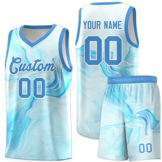 Custom Powder Blue White Pattern Tie Dye Sports Uniform Basketball Jersey